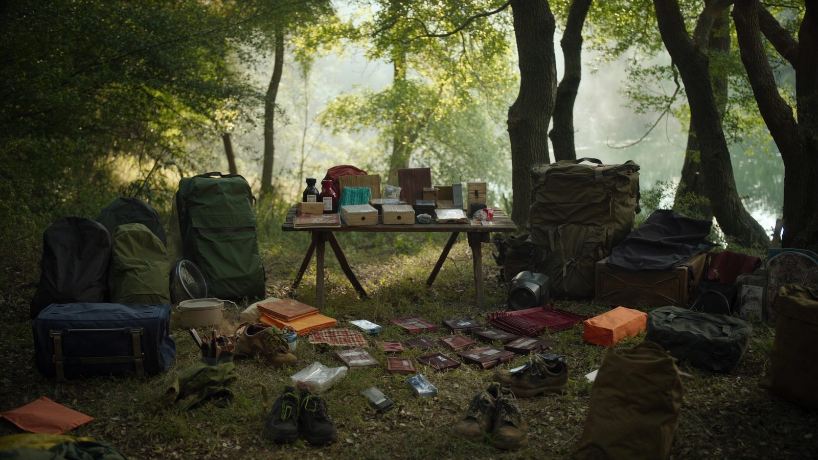 Material de acampada y supervivencia ordenado junto a una mesa en un bosque de ribera